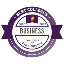 2026-2027 Colleges of Distinction - Best Colleges - Business badge in white, grey, and purple