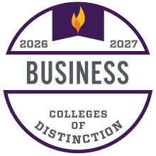 Purple and white "2026-2027 Business Colleges of Distinction" badge with grey writing and a two-toned orange flame in the center