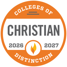 Orange and white "Christian Colleges of Distinction" badge with white and grey writing and a two-toned orange flame in the center