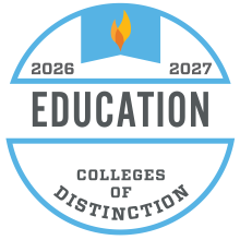 Light blue and white "2026-2027 Education Colleges of Distinction" badge with grey writing and a two-toned orange flame in the center