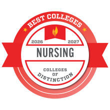 2026-2027 Colleges of Distinction - Best Colleges - Nursing badge in white, grey, and red