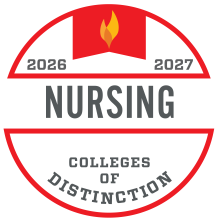 Red and white "2026-2027 Nursing Colleges of Distinction" badge with grey writing and a two-toned orange flame in the center