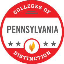 Red and white "Pennsylvania Colleges of Distinction" badge with grey writing and four grey stars and a two-toned orange flame in the middle